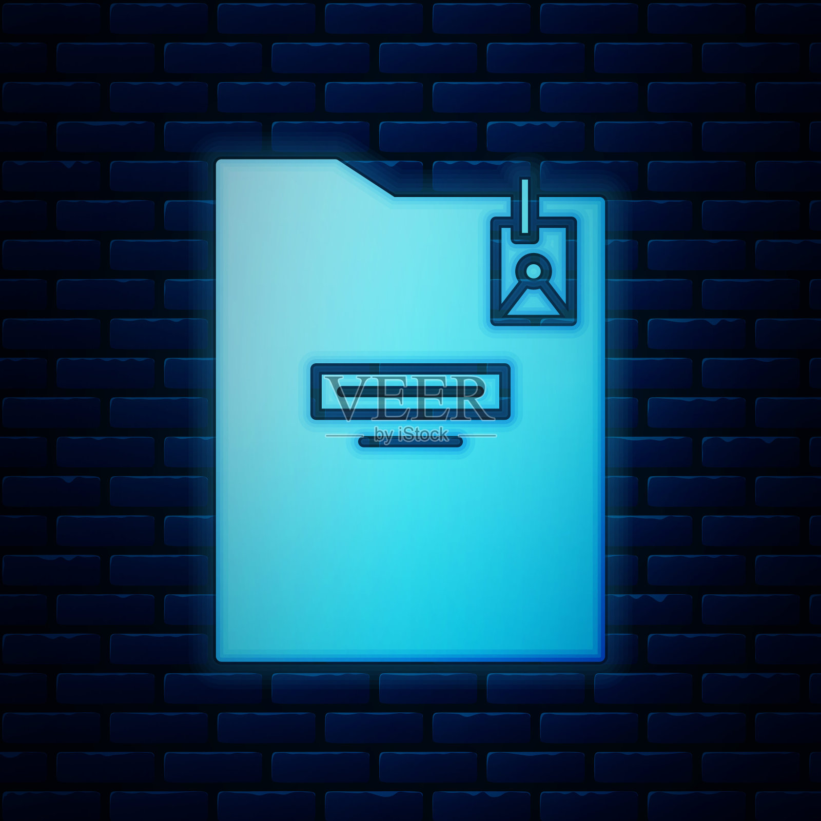 发光的霓虹灯个人文件夹图标隔离在砖墙背景。矢量图插画图片素材