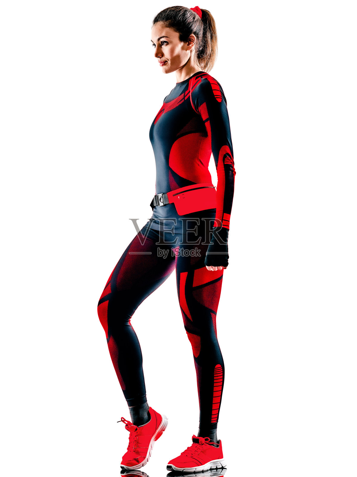 女跑步者跑步慢跑连身裤孤立的白色背景照片摄影图片