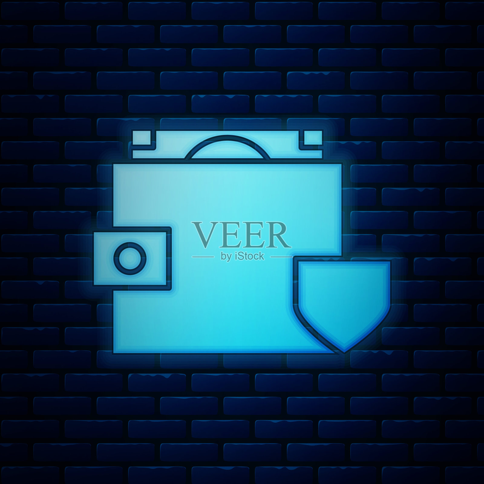 发光的霓虹灯钱包和金钱与盾牌图标隔离在砖墙的背景。保险的概念。安全、安全、保护、保护理念。矢量图图标素材