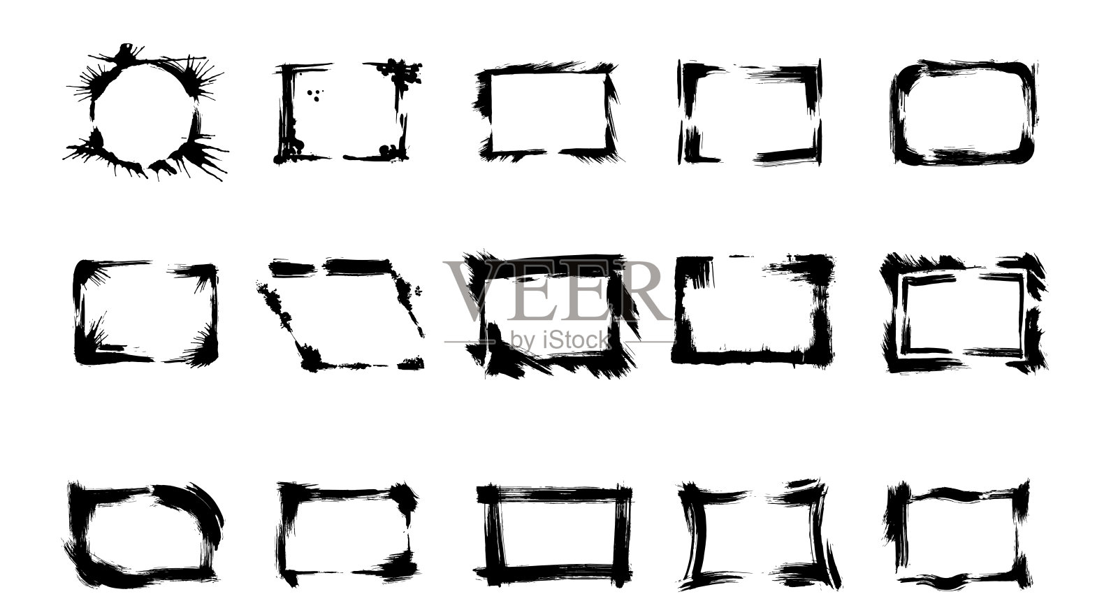 干刷帧矢量集。黑白篆刻水墨艺术。孤立的插画元素。设计元素图片