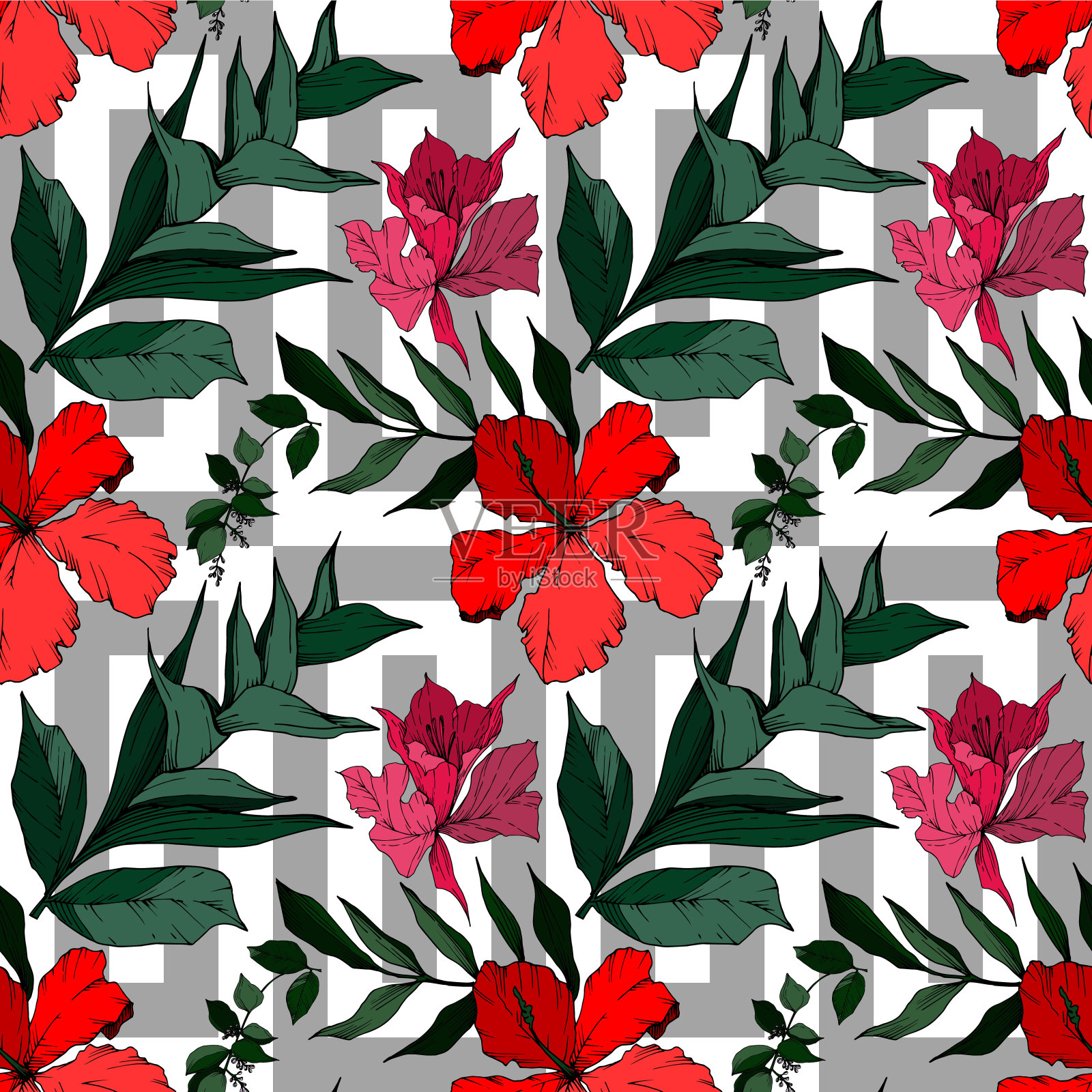 病媒热带花和叶孤立。黑白篆刻水墨艺术。无缝的背景图案。插画图片素材