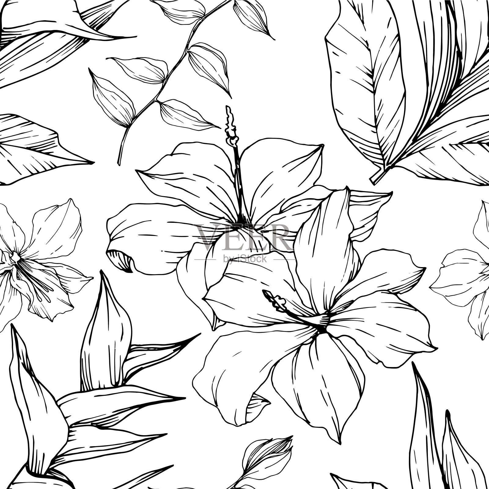 病媒热带花和叶孤立。黑白篆刻水墨艺术。无缝的背景图案。插画图片素材