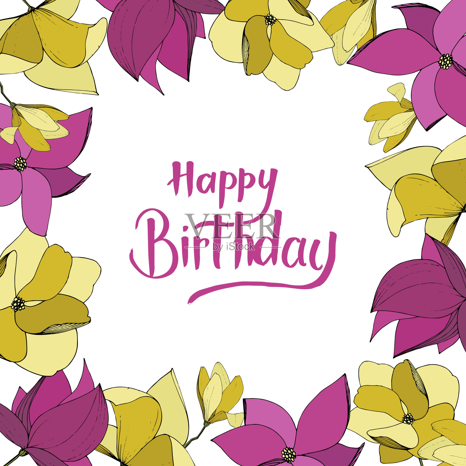 玉兰花载体植物花。紫色和黄色的雕刻水墨艺术。边框装饰方形。插画图片素材