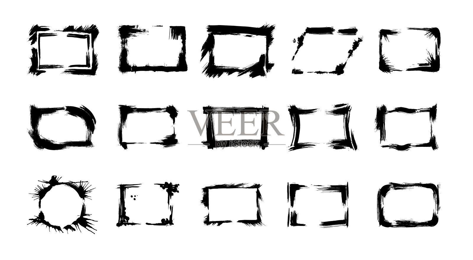 干刷帧矢量集。黑白篆刻水墨艺术。孤立的插画元素。设计元素图片
