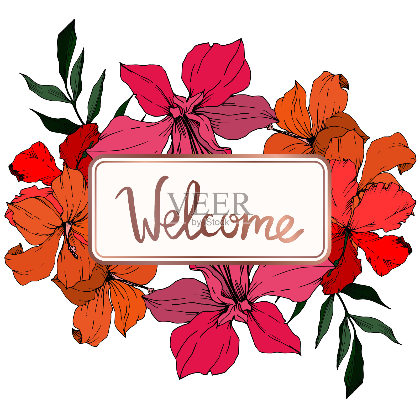 病媒热带花和叶孤立。黑白篆刻水墨艺术。边框装饰方形。插画图片素材