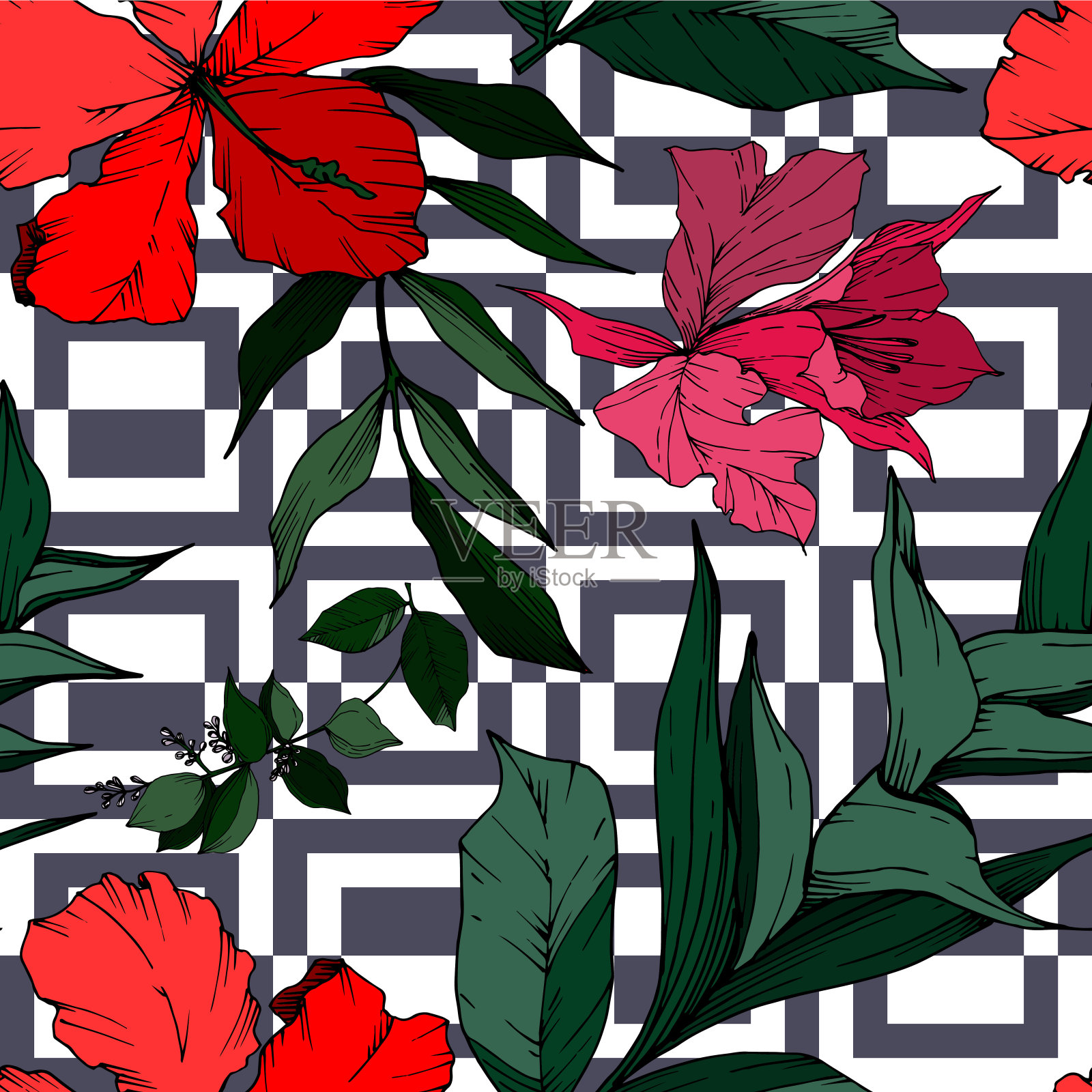 病媒热带花和叶孤立。黑白篆刻水墨艺术。无缝的背景图案。插画图片素材