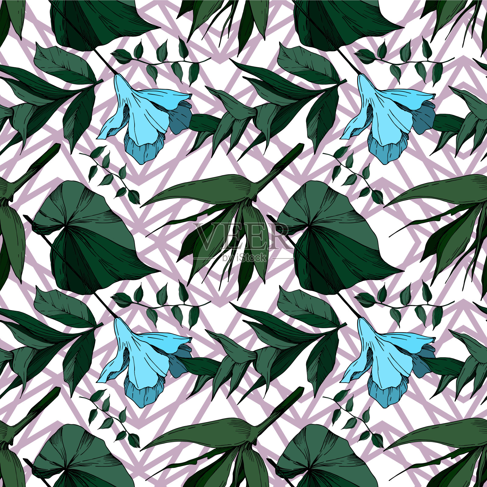 病媒热带花和叶孤立。黑白篆刻水墨艺术。无缝的背景图案。插画图片素材