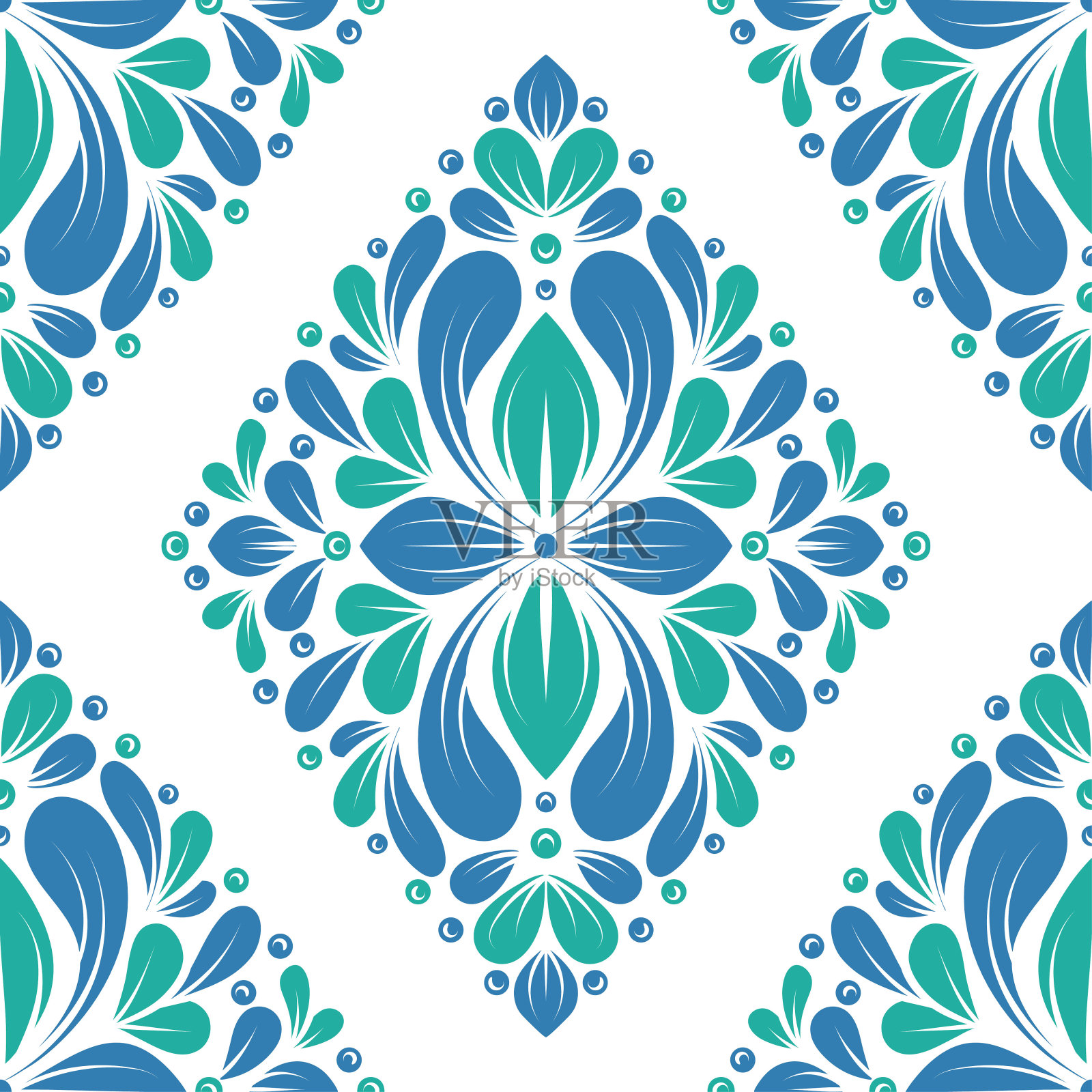 无缝图案与绿色和蓝色装饰菱形。矢量背景模板，豪华元素。非常适合布料，请帖，墙纸，装饰，包装或任何理想的想法。插画图片素材