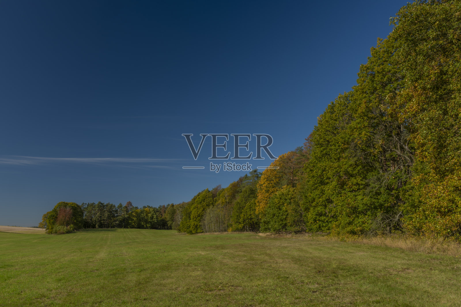 在波西米亚的科科林斯克地区，用蓝色的天空为秋天的草地和森林着色照片摄影图片