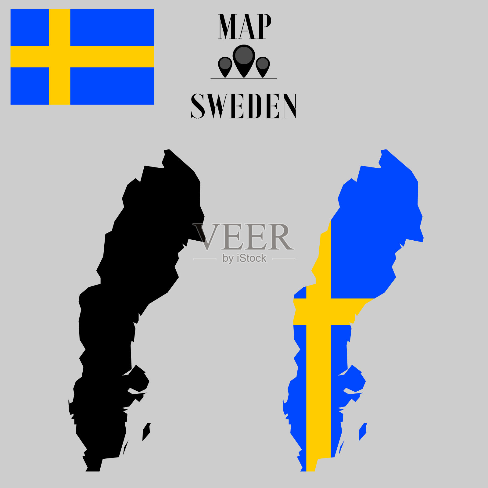 瑞典轮廓世界地图，轮廓剪影与国旗内部矢量插图创意设计，孤立的背景，物体，元素，符号从国家设置。插画图片素材