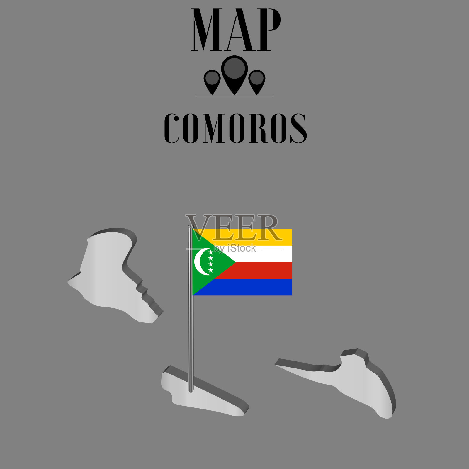 科摩罗概述世界地图，等高线剪轮廓与国旗上的旗杆矢量插图设计，孤立在背景上，物体、元素、符号从国家设置。插画图片素材