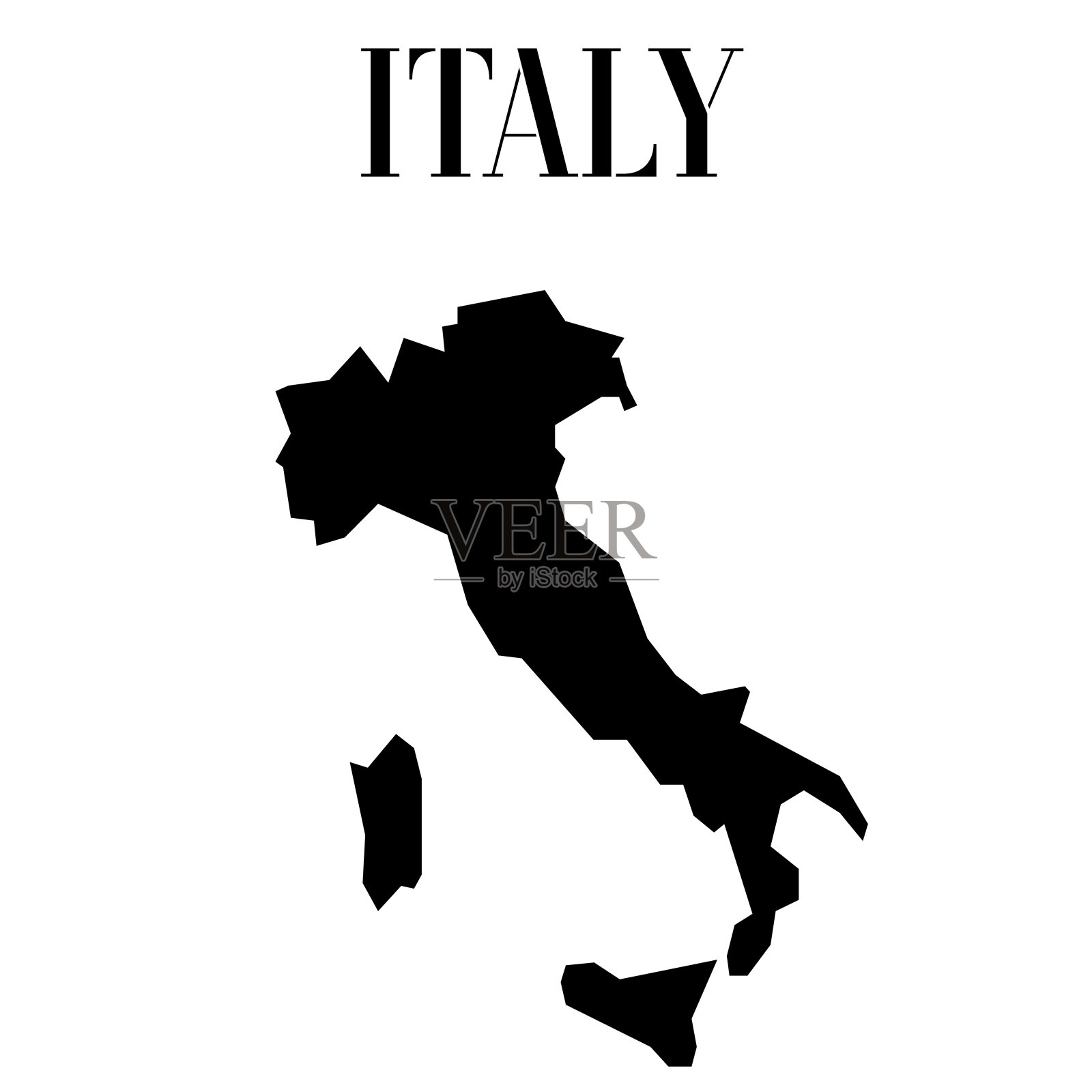 意大利固体国家轮廓剪影，黑色和白色矢量插图与孤立的对象和符号的背景与文本。从世界地图国家设置插画图片素材