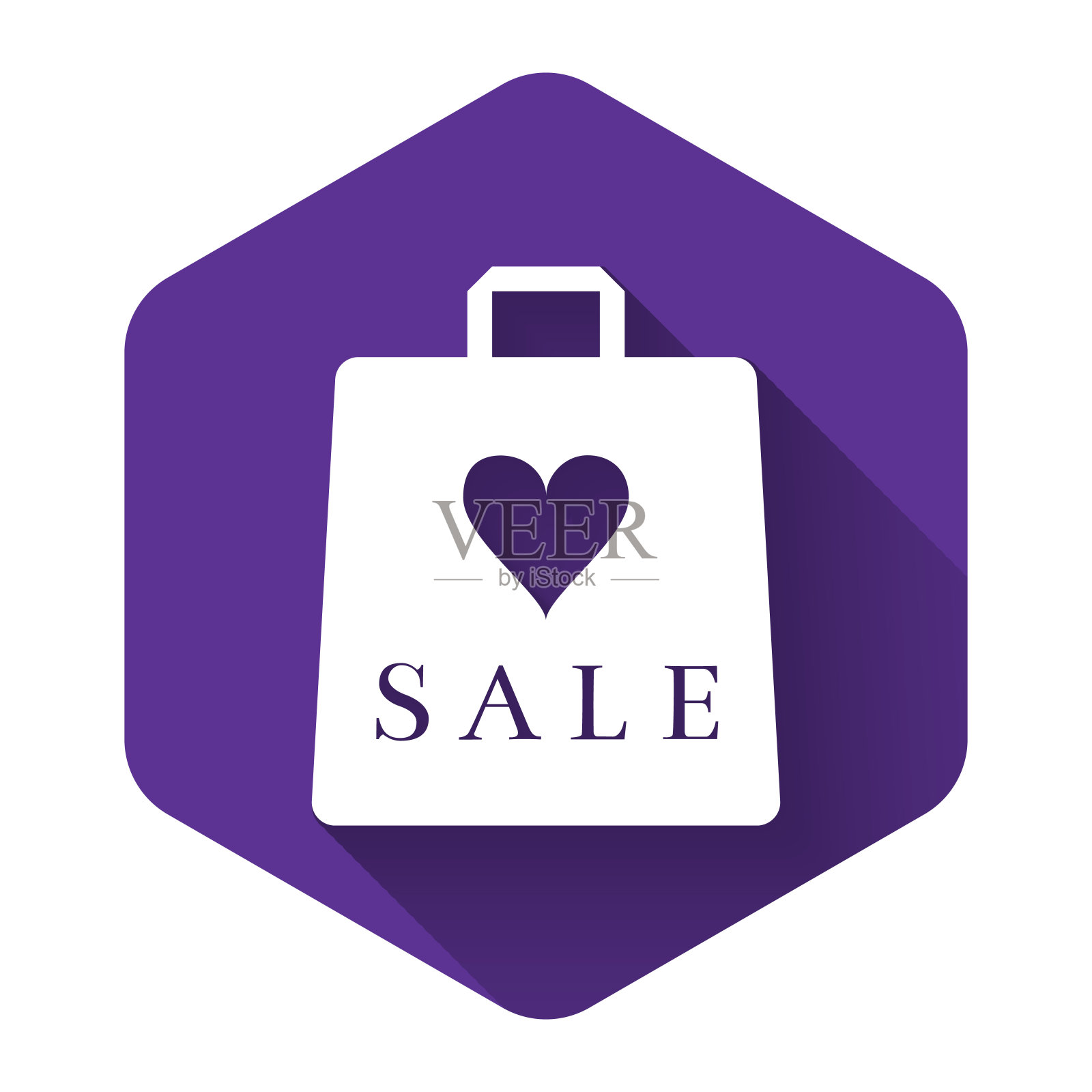 白色购物袋与铭文销售图标孤立与长影子。手提包的迹象。女人包图标。女性手袋的迹象。紫色的六角按钮。矢量图设计元素图片