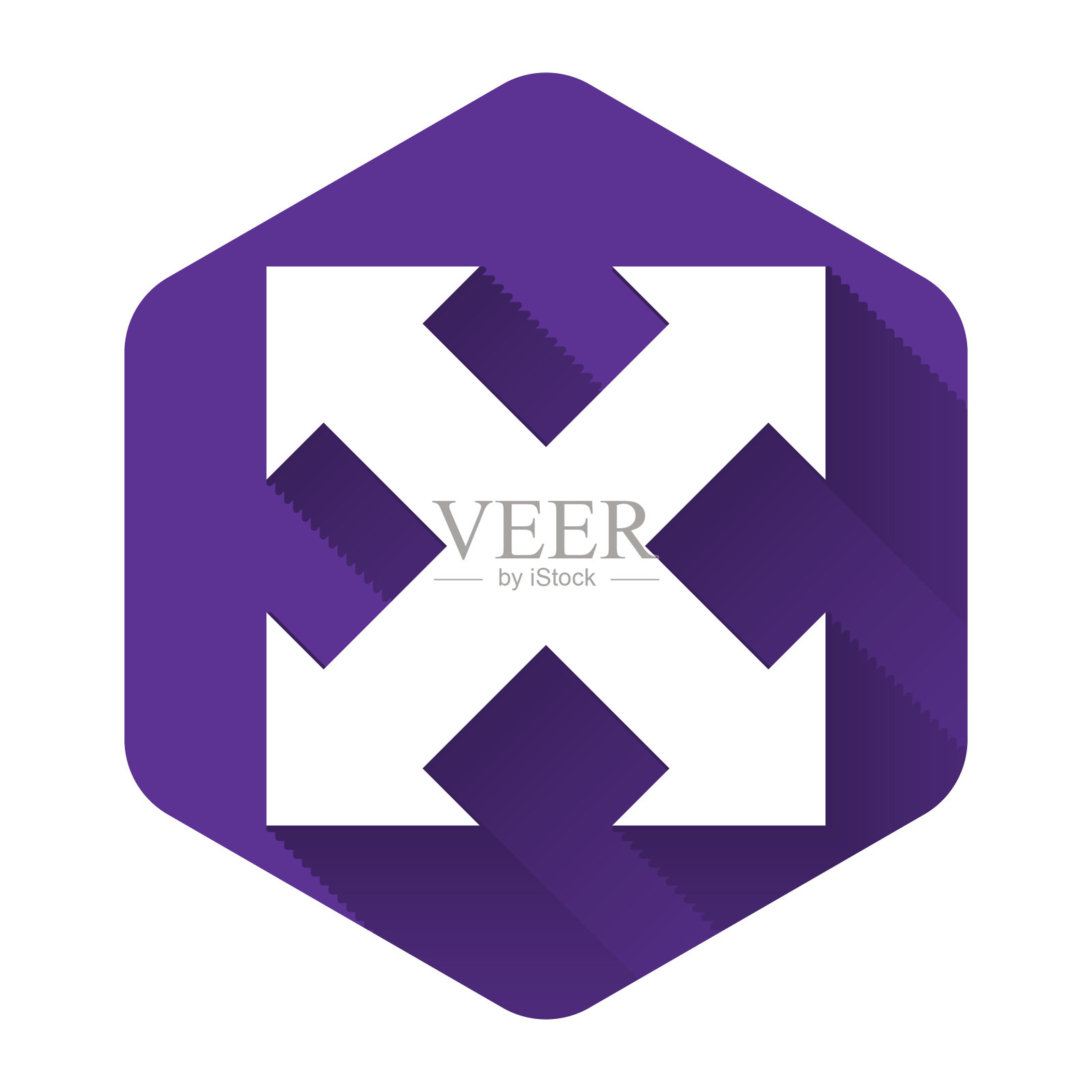 在四个方向上的白色箭头图标孤立与长阴影。紫色的六角按钮。矢量图插画图片素材