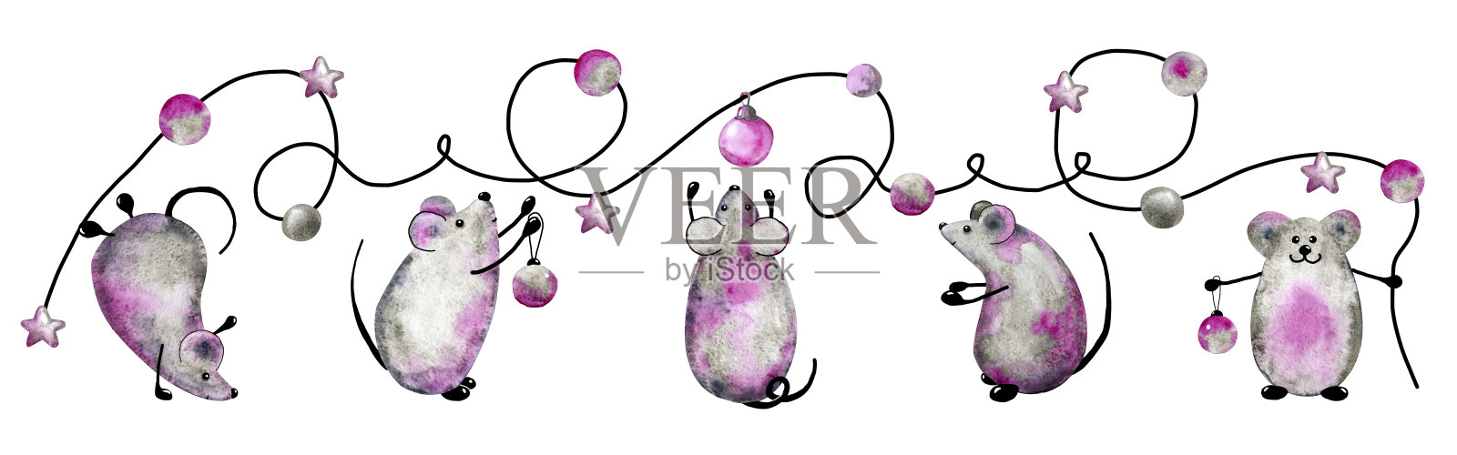 横旗上挂着白色金属老鼠，象征2020年新年的老鼠挂着圣诞花环。手绘水彩插图。设计假日背景，模板，海报，明信片。插画图片素材