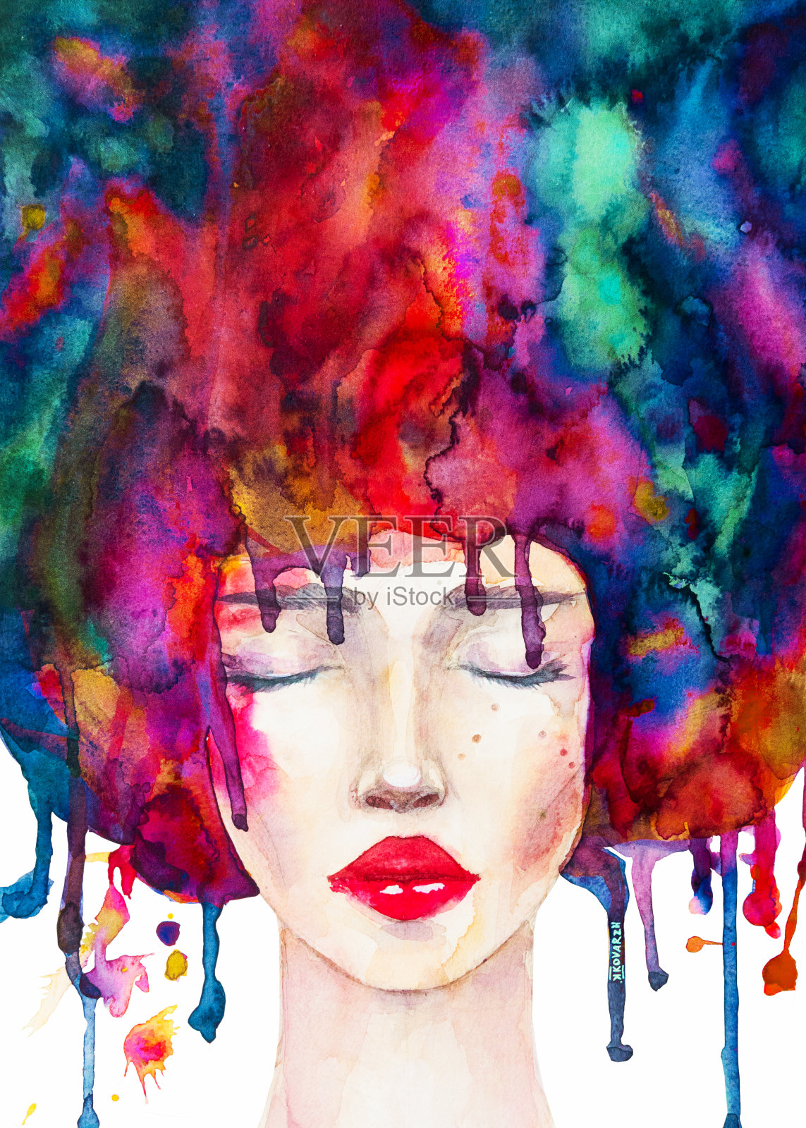 闭着眼睛的女人的水彩画插画图片素材