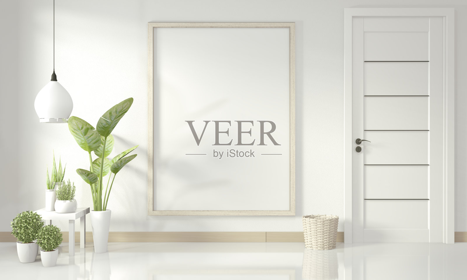 室内海报模型与木框架站在木地板和装饰植物。三维渲染照片摄影图片