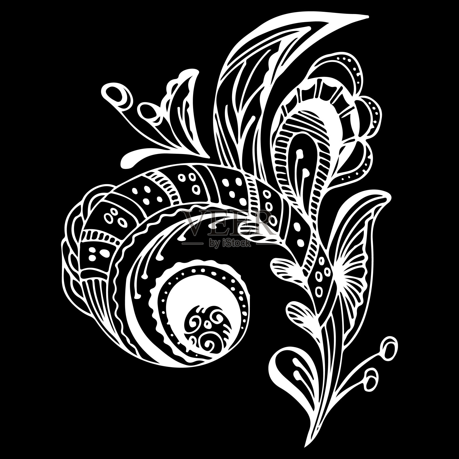 夏季热带叶。孤立在黑色背景上的植物花。手绘矢量插图。自然植物夏威夷。热带棕榈叶图标。夏威夷矢量纹身插图插画图片素材