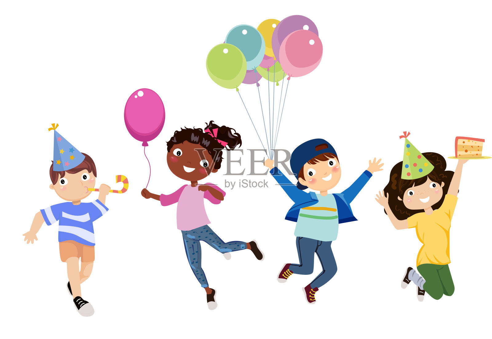 矢量插图的孩子玩，可爱的孩子跳跃和跳舞，矢量插图插画图片素材