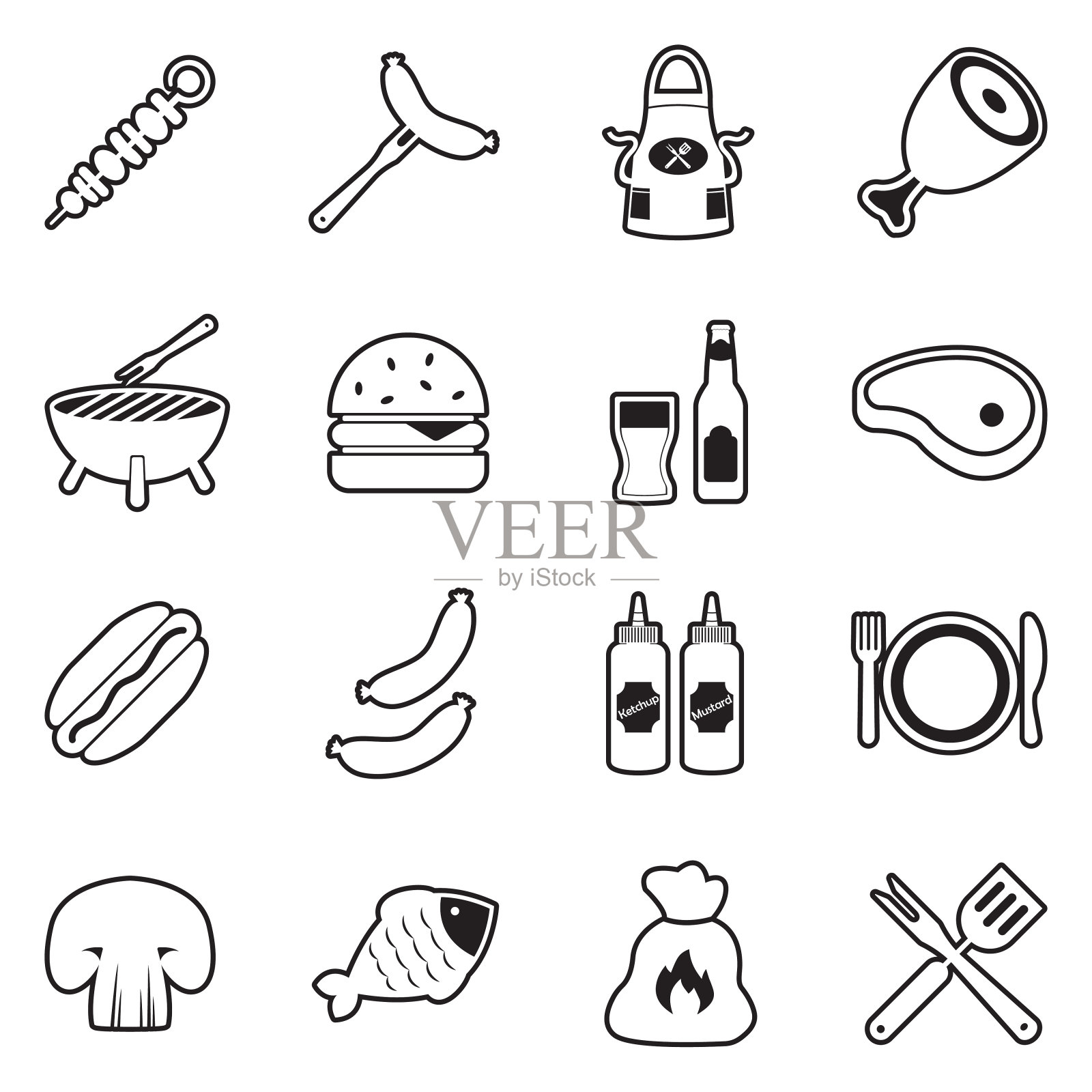 烧烤和烧烤图标。线条与填充设计。矢量插图。图标素材