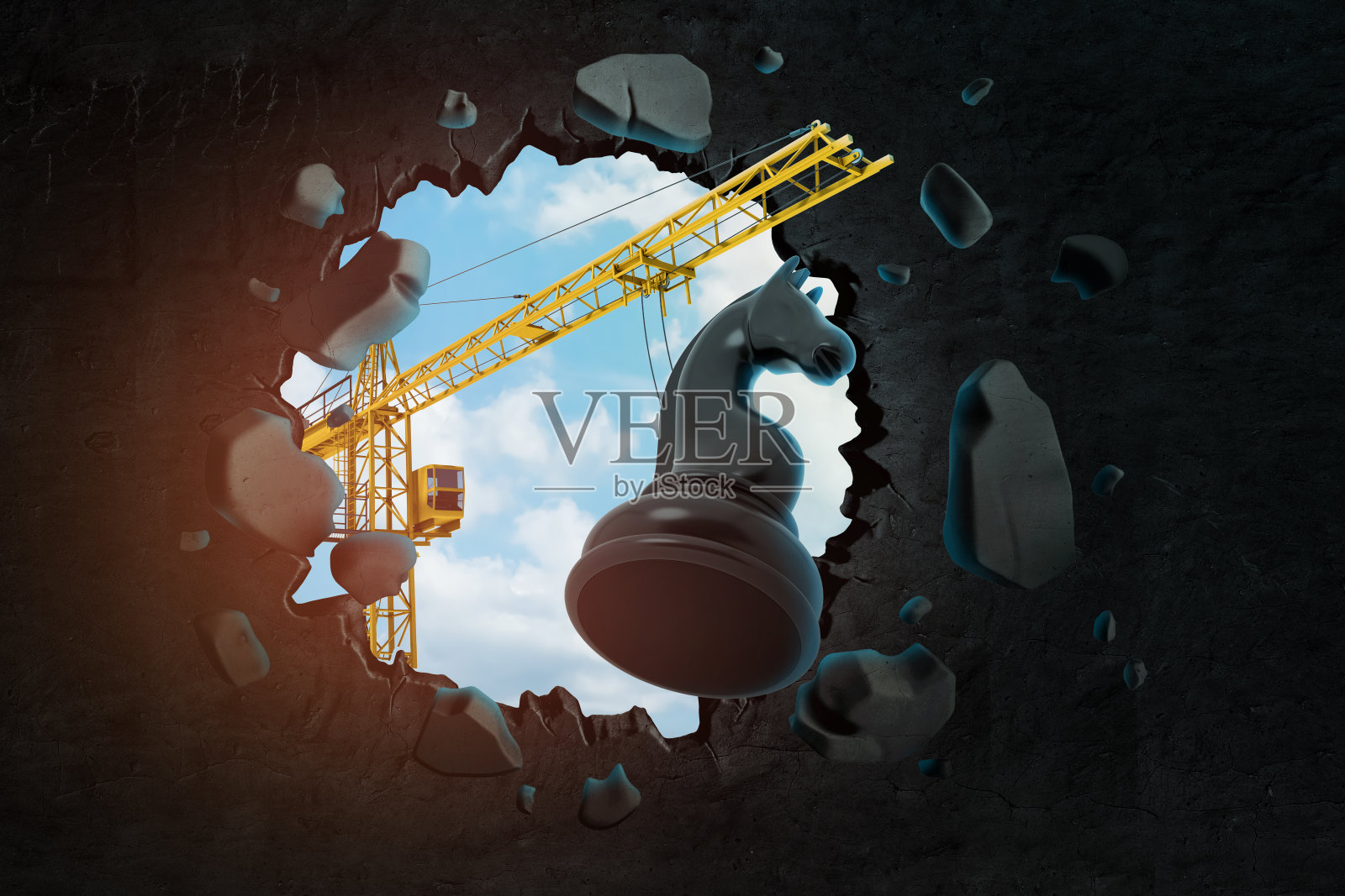 起重吊车载着黑色的象棋马，撞穿黑色的墙与蓝色的天空透过洞看到的3d渲染。照片摄影图片