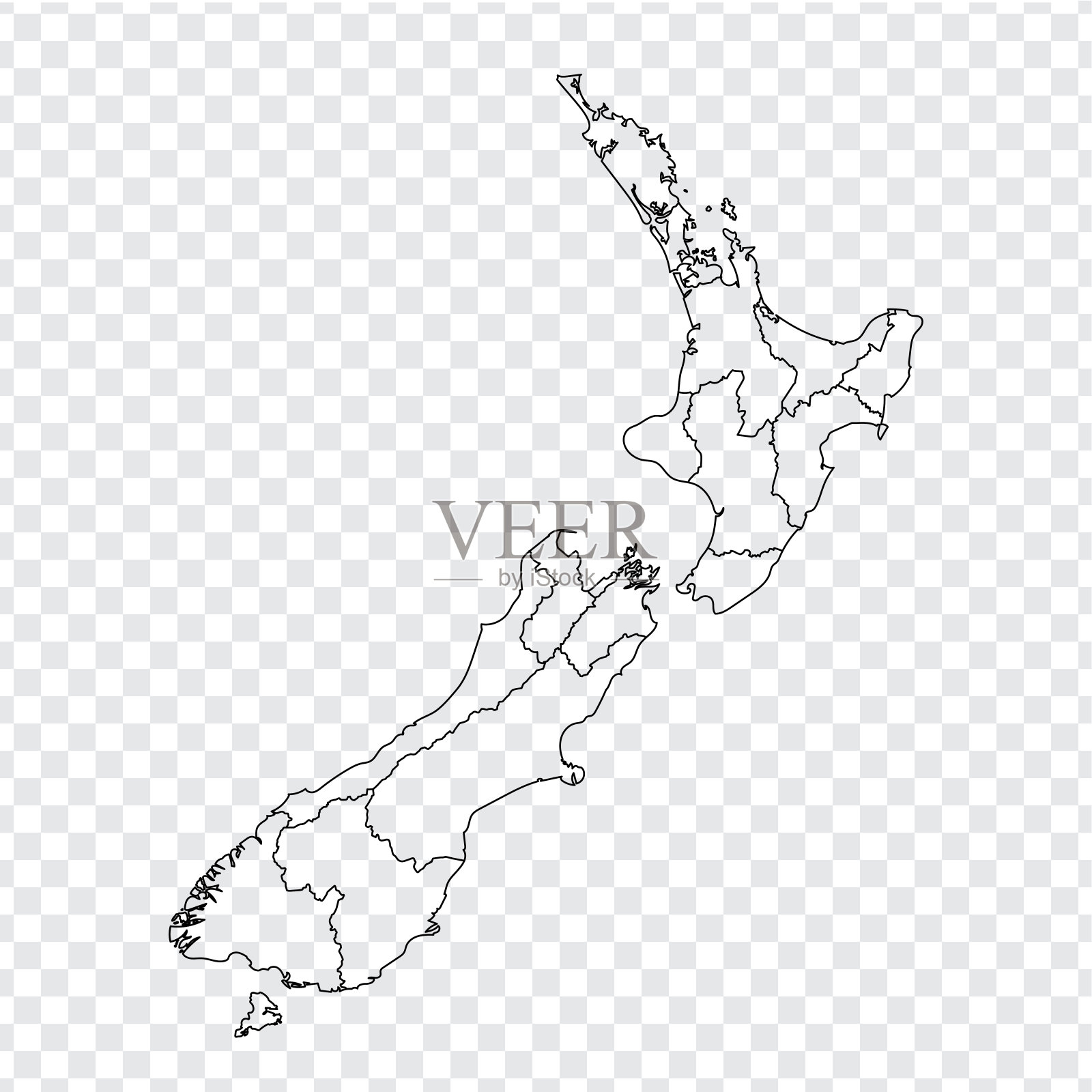 新西兰空白地图。高质量的新西兰地图与省份在透明的背景为您的网站设计，标志，应用程序，UI。股票向量。EPS10。插画图片素材
