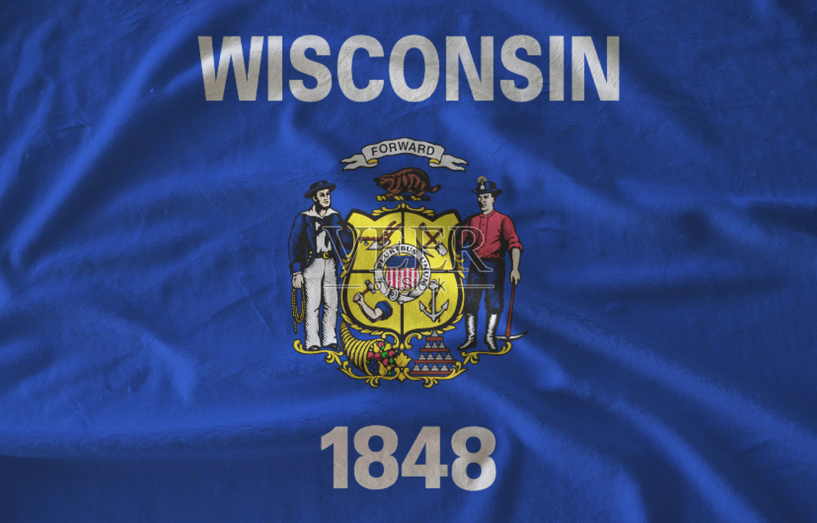 毛巾织物图案威斯康星州旗，折痕威斯康星州旗背景。美国各州。照片摄影图片