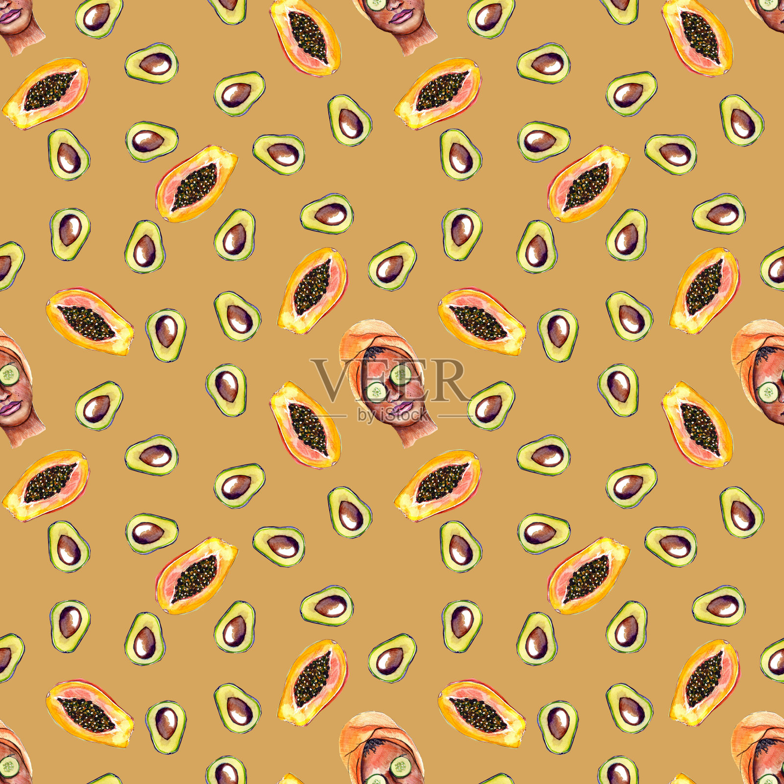 无缝设计，非洲女孩和切片热带水果插画图片素材