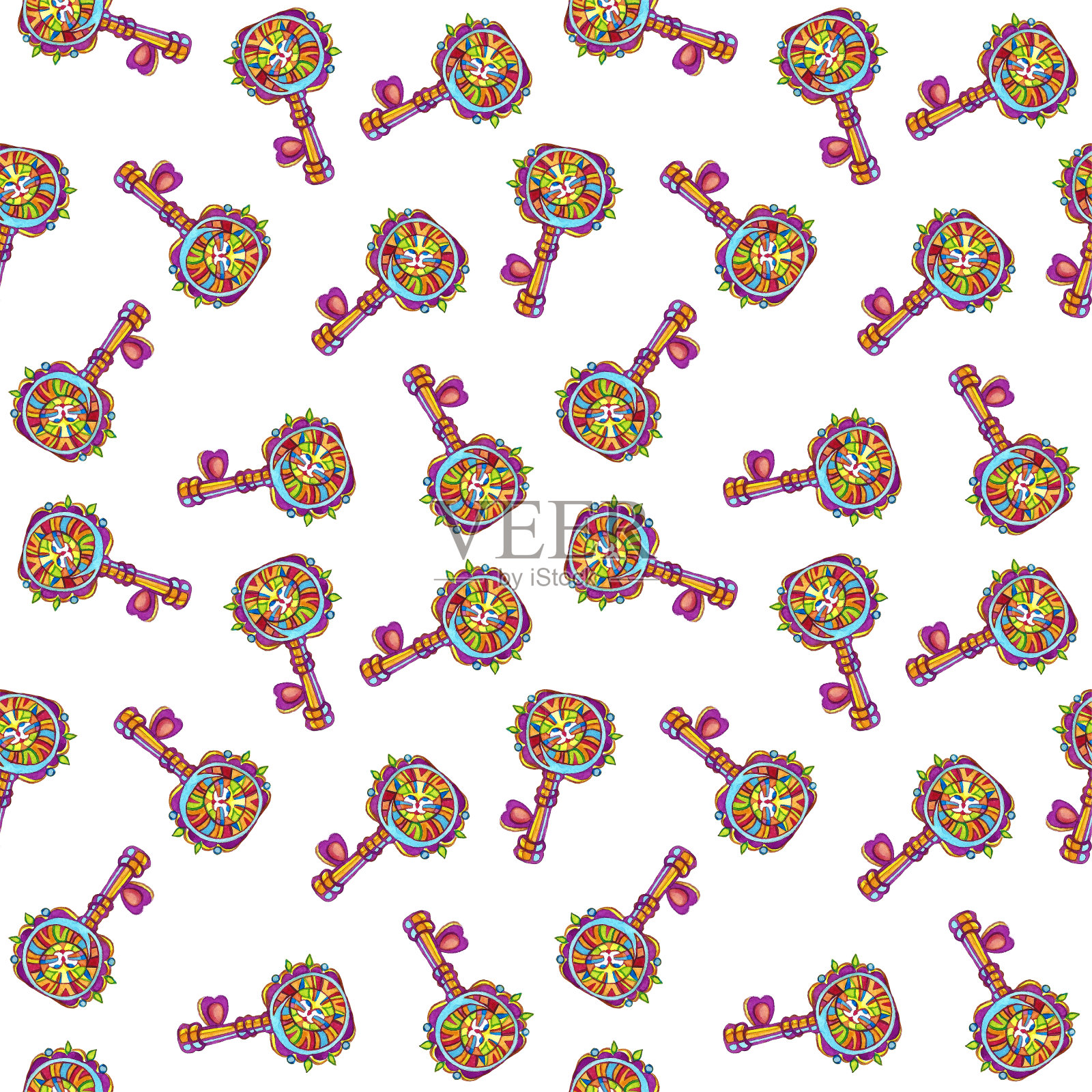 无缝纹理多色键配猫脸亮丽水彩插画图片素材