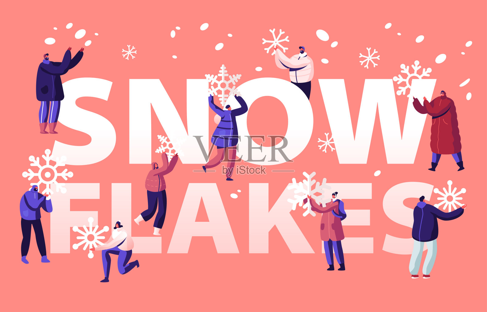 人们享受降雪的概念。欢乐人物手捧大朵雪花参与冬季活动。寒假季节海报横幅传单小册子。卡通平面矢量插图设计模板素材