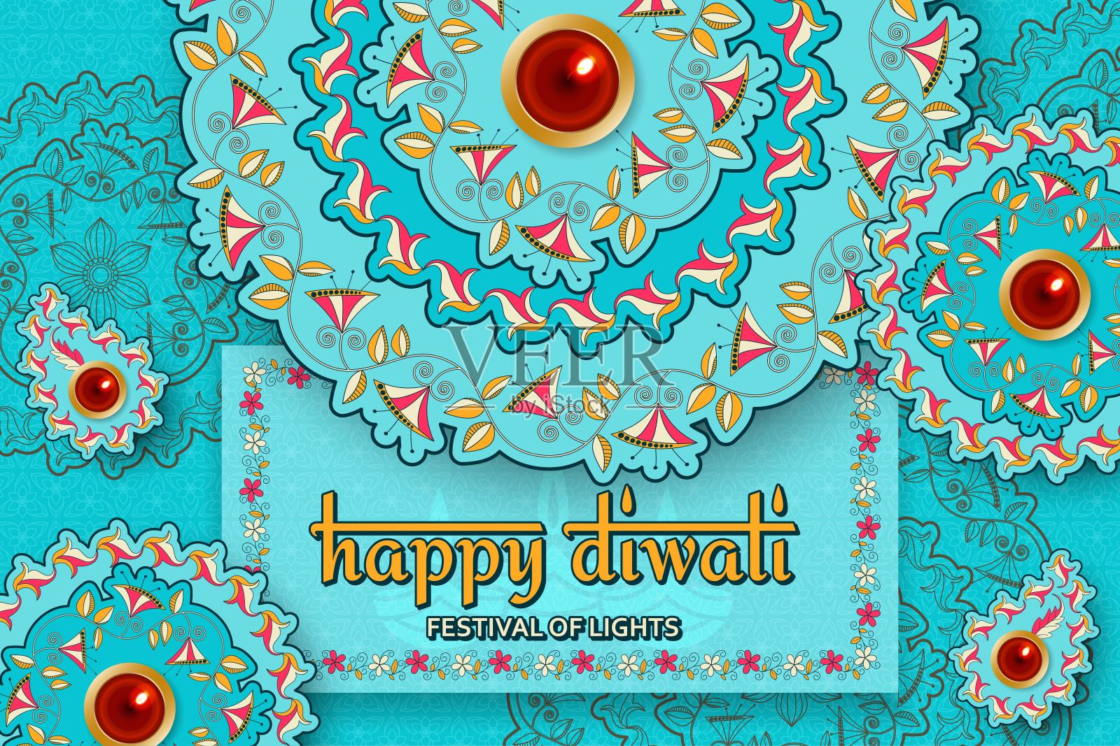 快乐排灯节紫色模板与花卉佩斯利和曼荼罗。花和叶图案。节日灯。贺卡与迪娅。矢量插图。设计模板素材