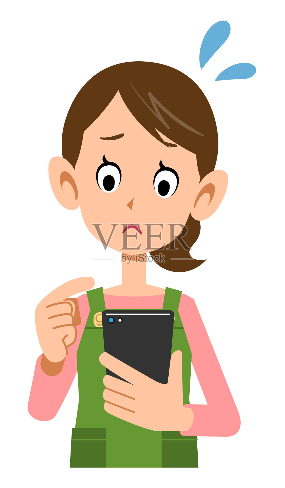 一个带着围裙在操作智能手机的女人脸上露出不安的表情插画图片素材