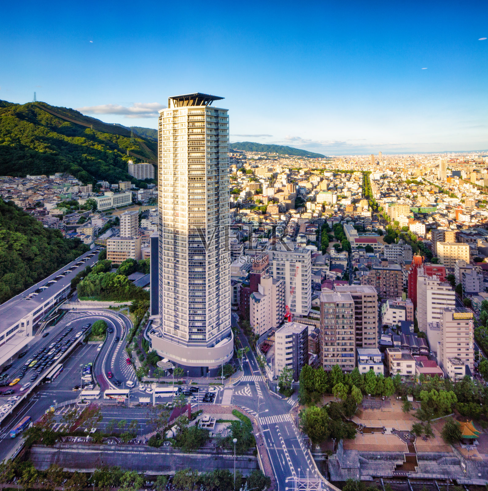 日落时分的神户东站鸟瞰图照片摄影图片