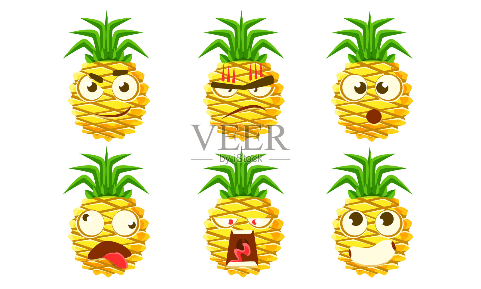 有趣的菠萝字符集，可爱的热带水果表情与各种表情矢量插图设计元素图片