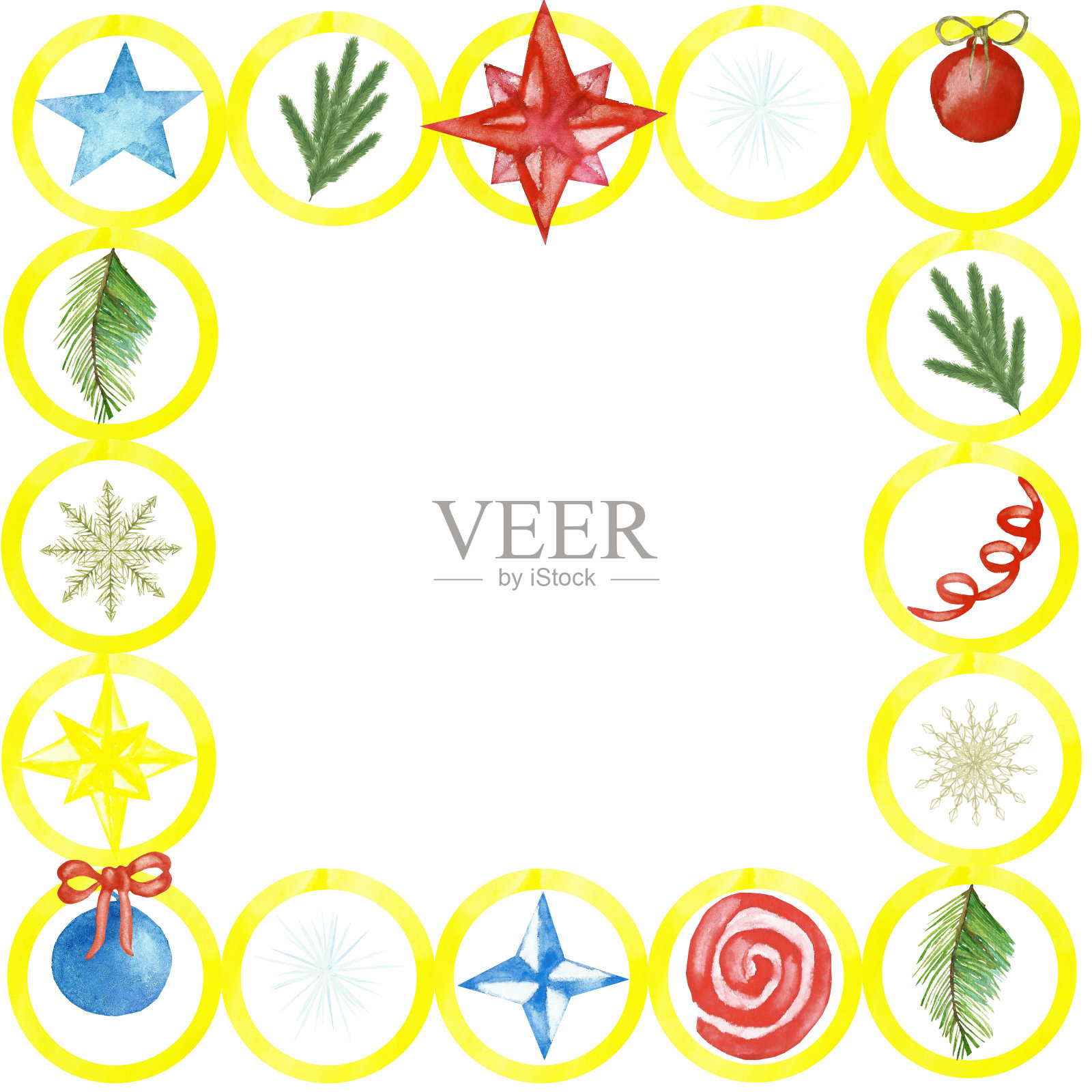 水彩手绘节日方形框架与金色的圆圈和绿色的杉木树枝，蓝色和红色的星星和球玩具，花环和弓内孤立的白色背景设计元素图片