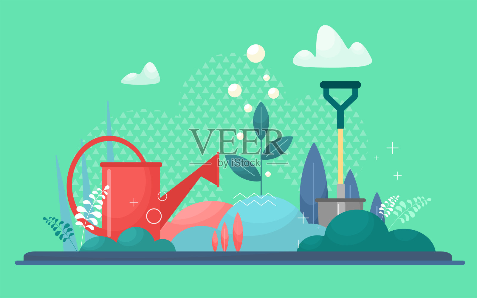 园艺矢量插图。呵护和浇灌植物的理念。种植花卉，香草，野生和观赏植物。农业、园艺学和农业的概念。卡通平插画图片素材