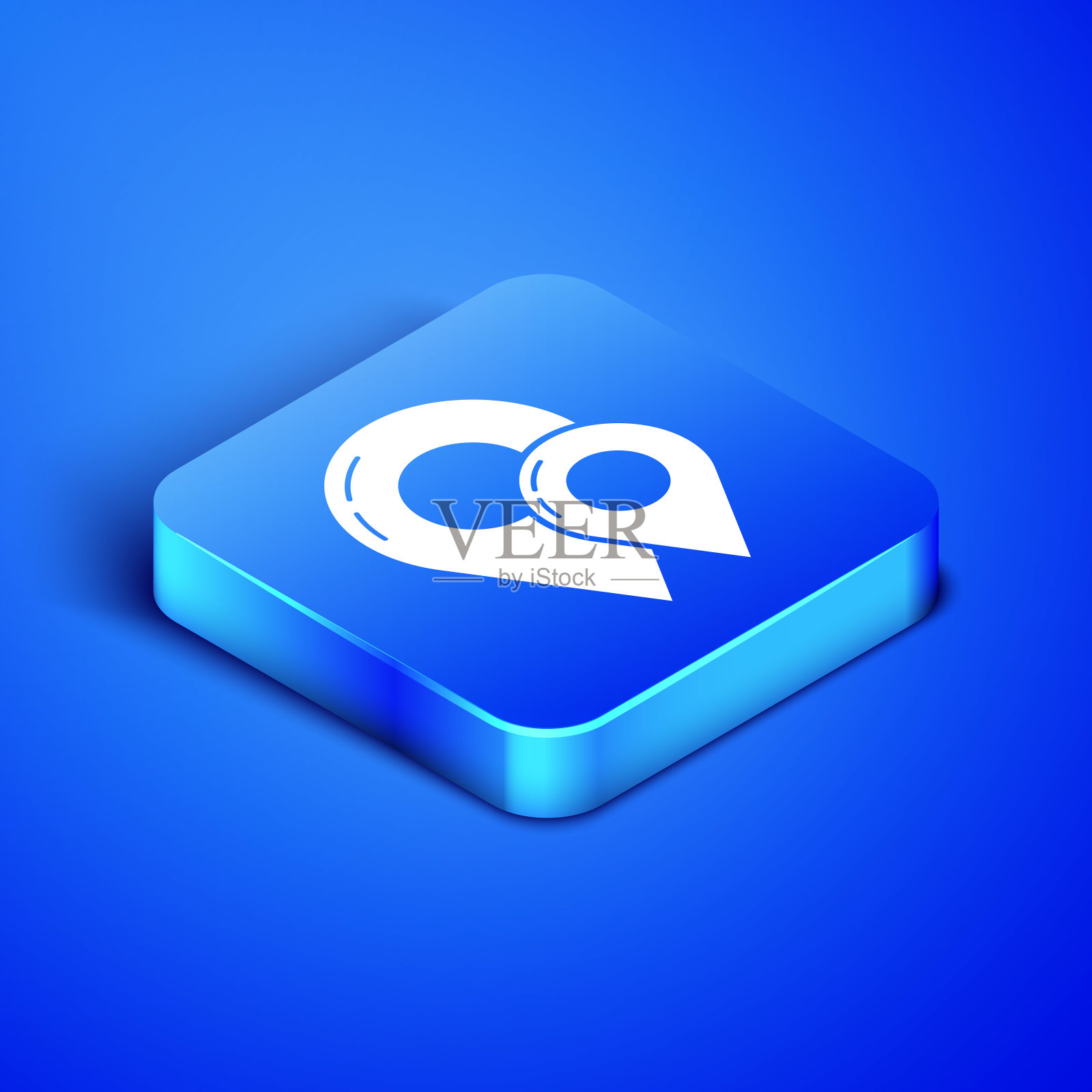 等距地图引脚图标隔离在蓝色背景。导航，指针，位置，地图，gps，方向，地点，罗盘，接触，搜索概念。蓝色方块按钮。矢量图插画图片素材