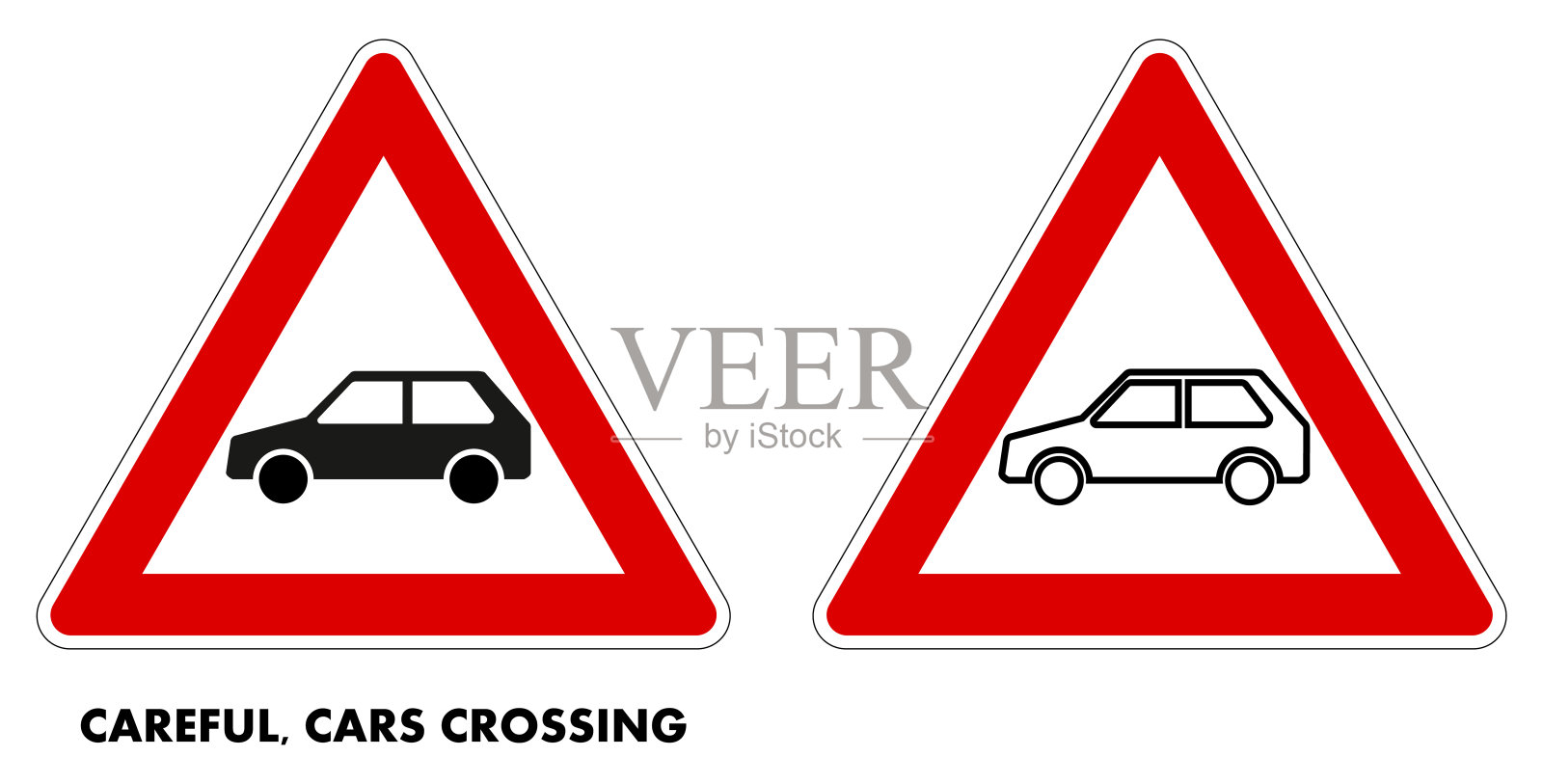 警告-汽车标志，简单的汽车画在红色三角形设计元素图片