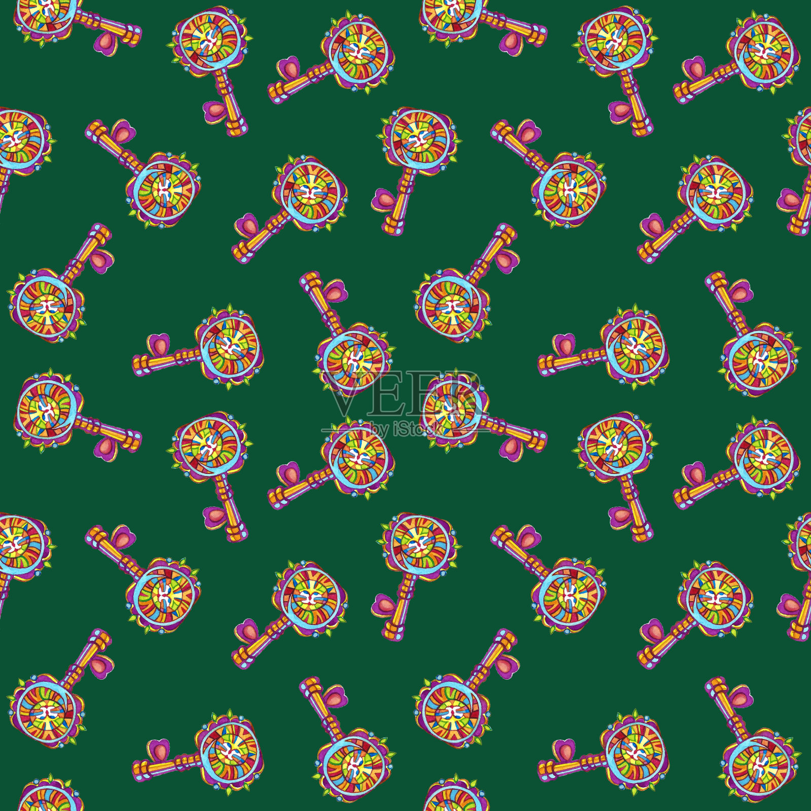 无缝纹理，多色键配猫脸，水彩绿色鲜艳插画图片素材