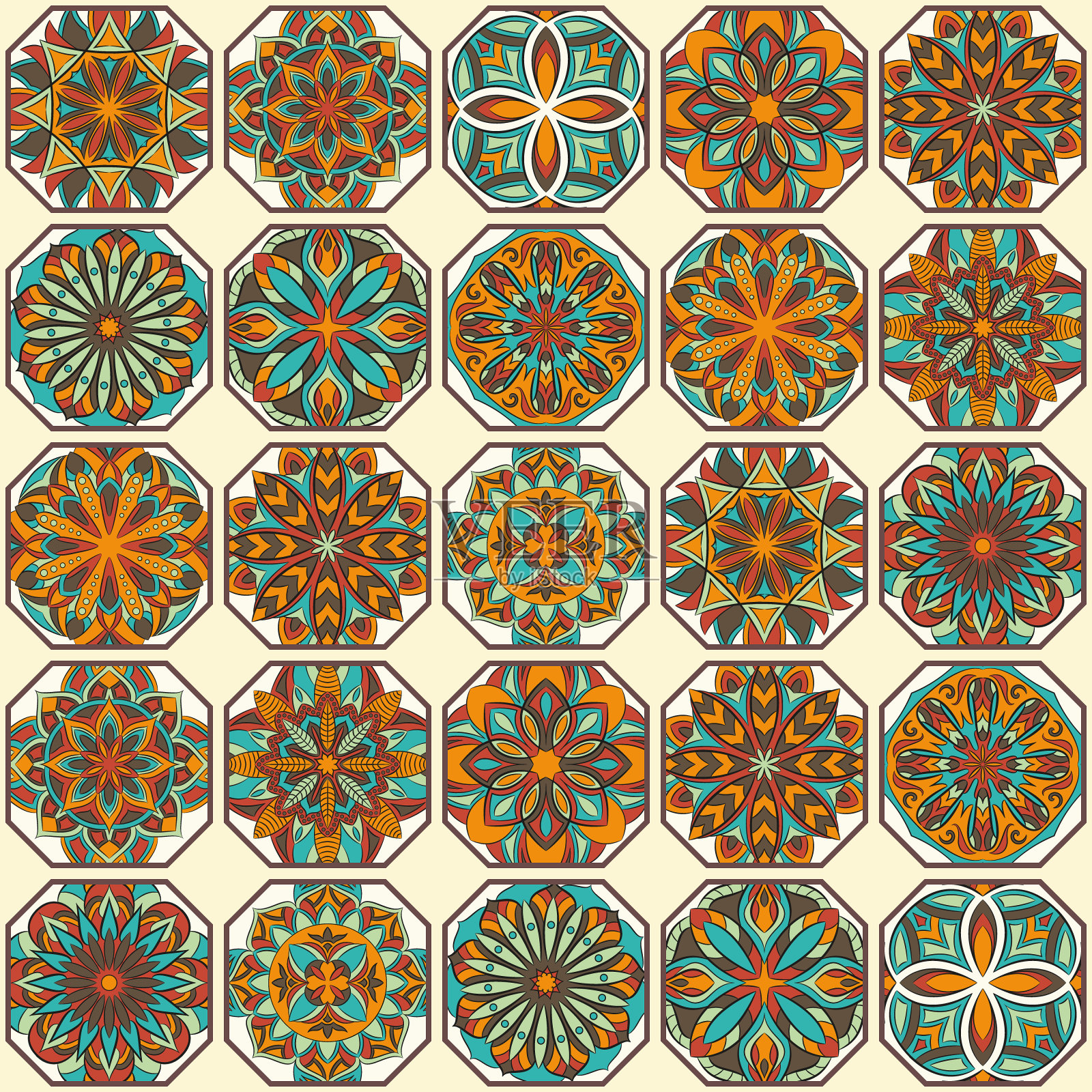 华丽的花卉无缝纹理，无尽的图案与复古曼荼罗元素。插画图片素材