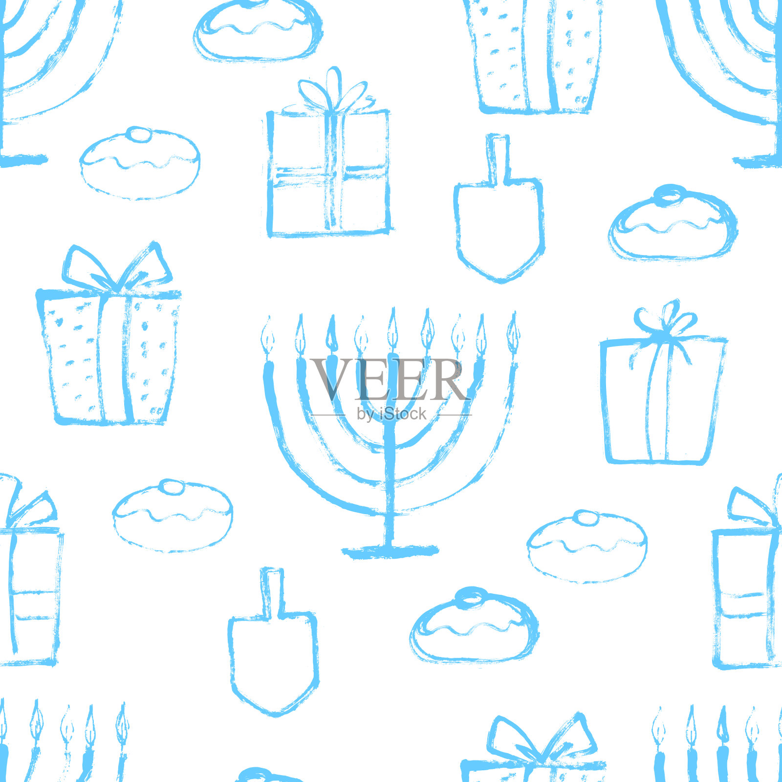 无缝光明节蓝色图案木制陀螺，甜甜圈，礼盒和烛台(传统的烛台)。光明节快乐，犹太节日背景插画图片素材
