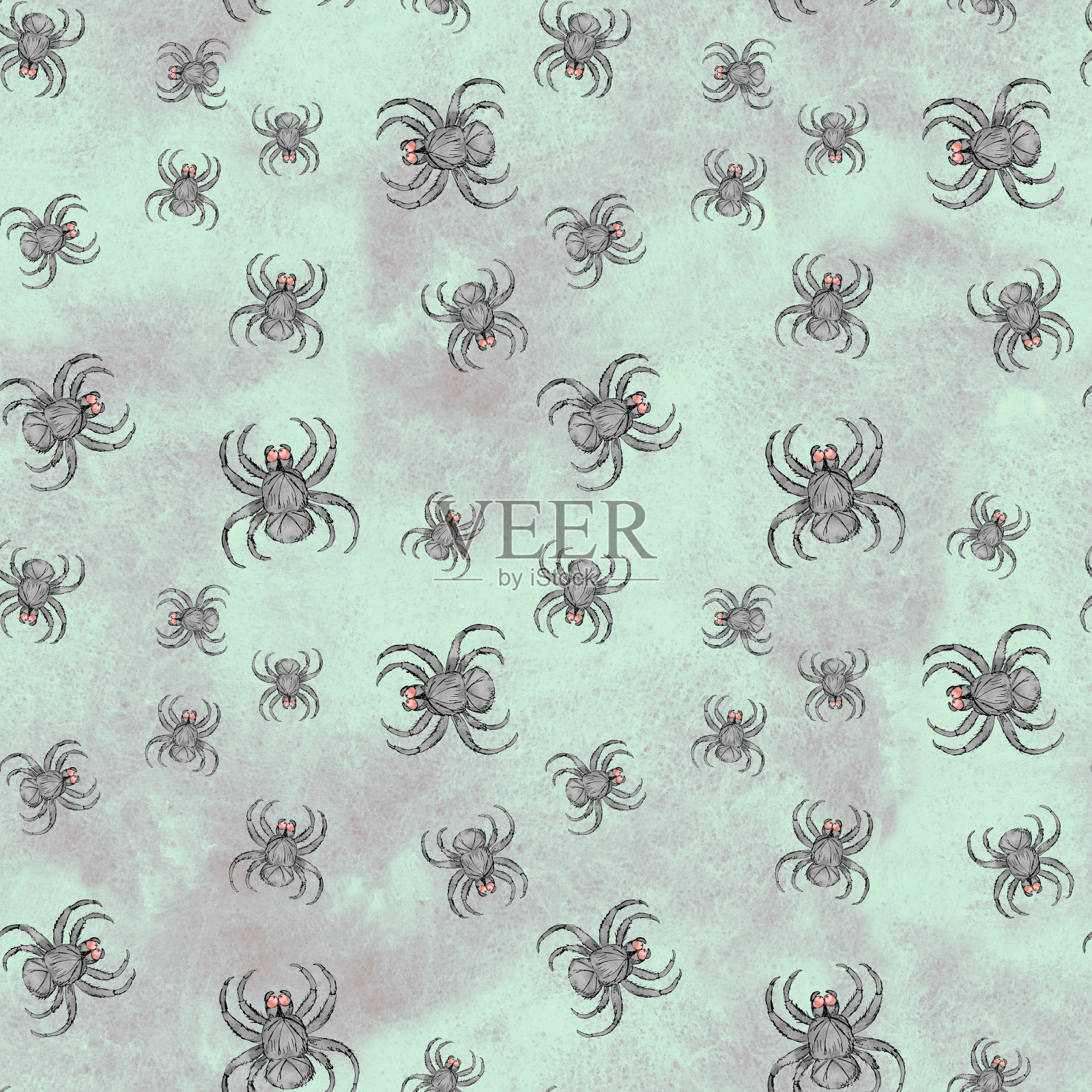 水彩手绘艺术幽灵万圣节黑蜘蛛网卡通复古无缝图案插画图片素材