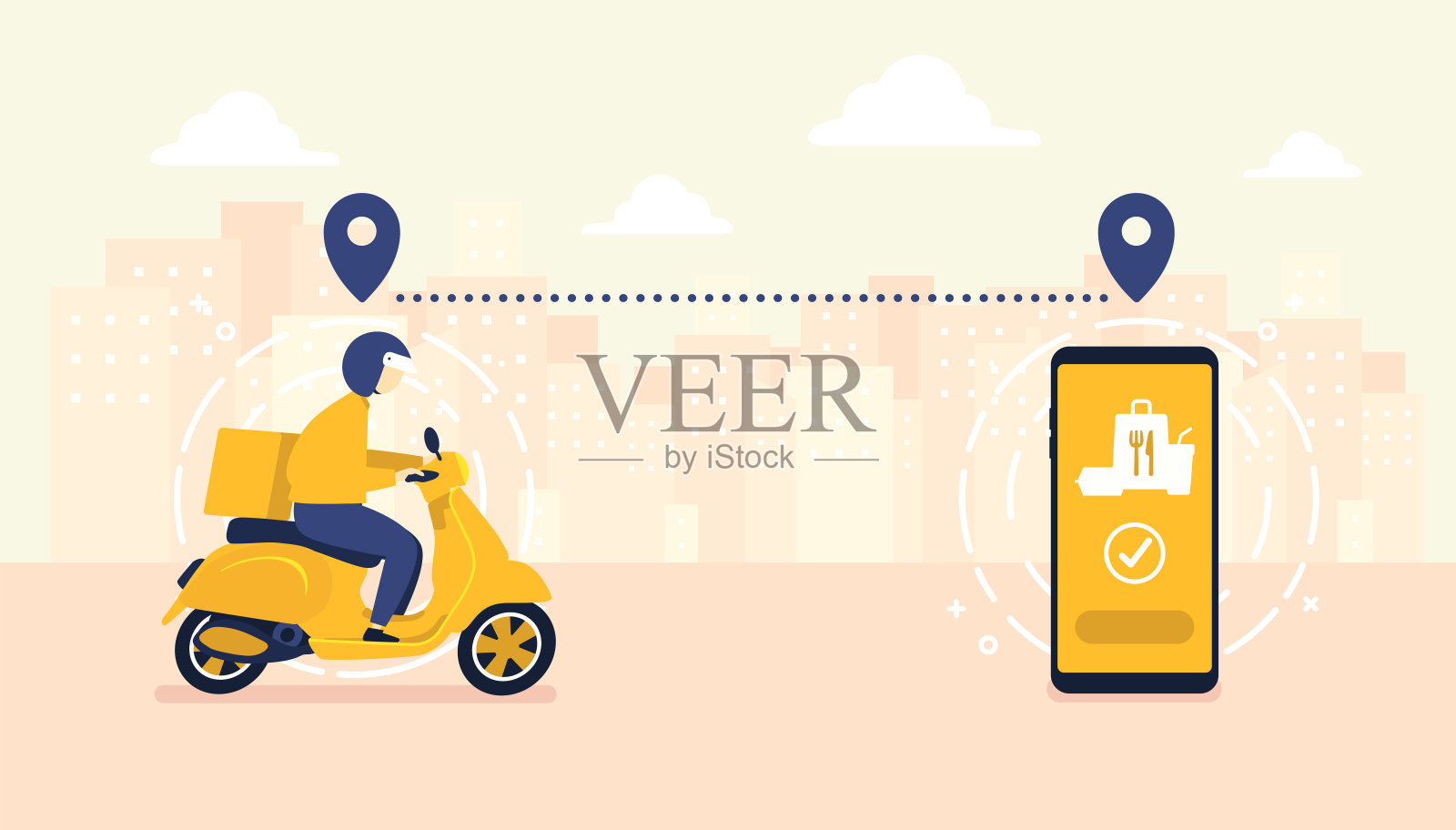 代步车和快递送餐服务。手机应用追踪骑摩托的快递员。城市天际线作为背景。插画图片素材