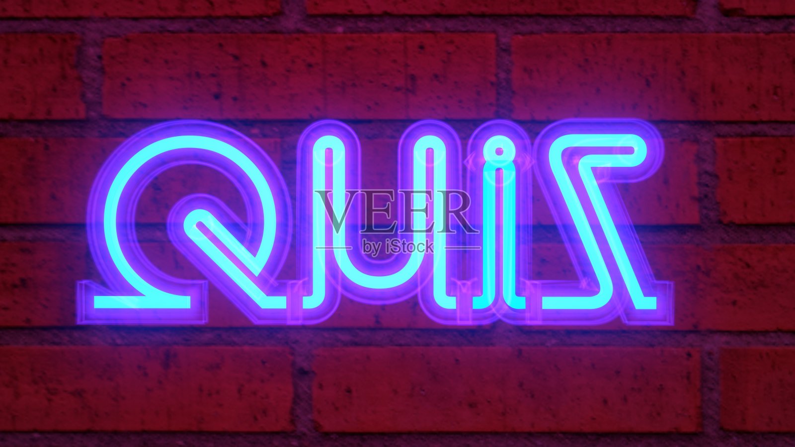 明亮的霓虹灯/led文字“QUIZ”与砖墙背景。三维渲染照片摄影图片