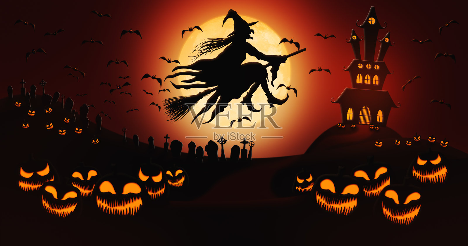 万圣节南瓜在墓地与蝙蝠飞行和女巫骑扫帚在满月的天空与鬼屋的背景插画图片素材