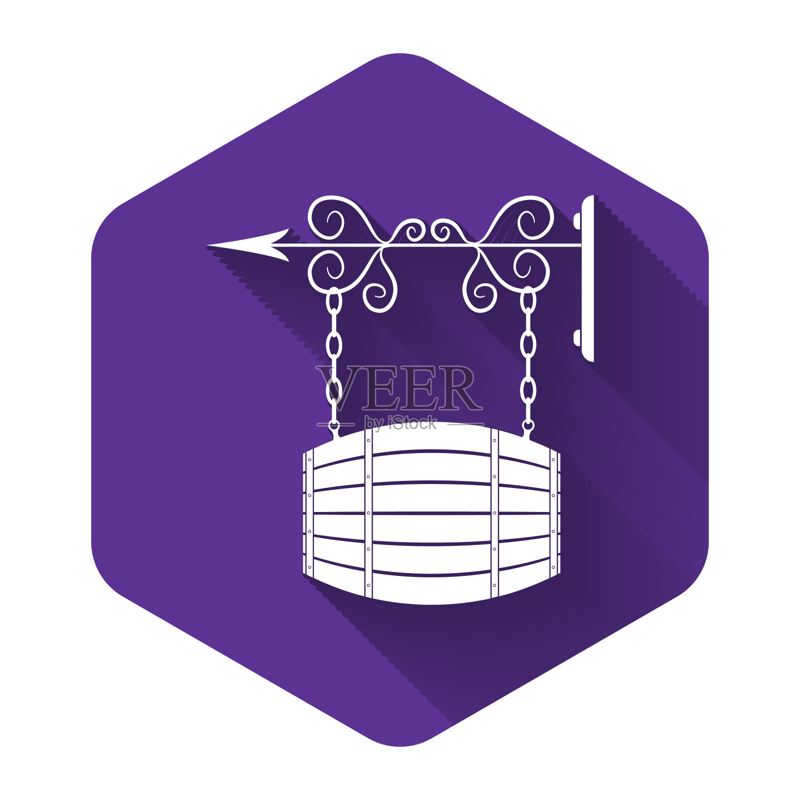白街招牌悬挂在锻造托架上，桶形木制图标孤立着长长的影子。适合酒吧、咖啡厅、酒吧、餐厅。紫色的六角按钮。矢量图插画图片素材