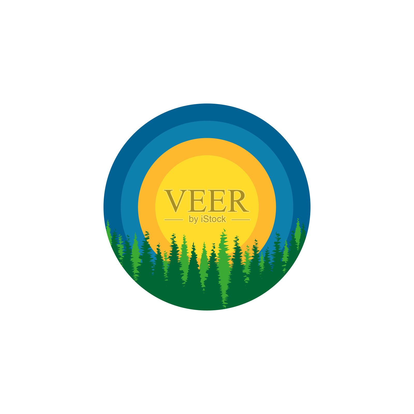 野生动物标志周围浓密的西伯利亚森林的背景上的太阳和天空景观插图，印在衣服上插画图片素材