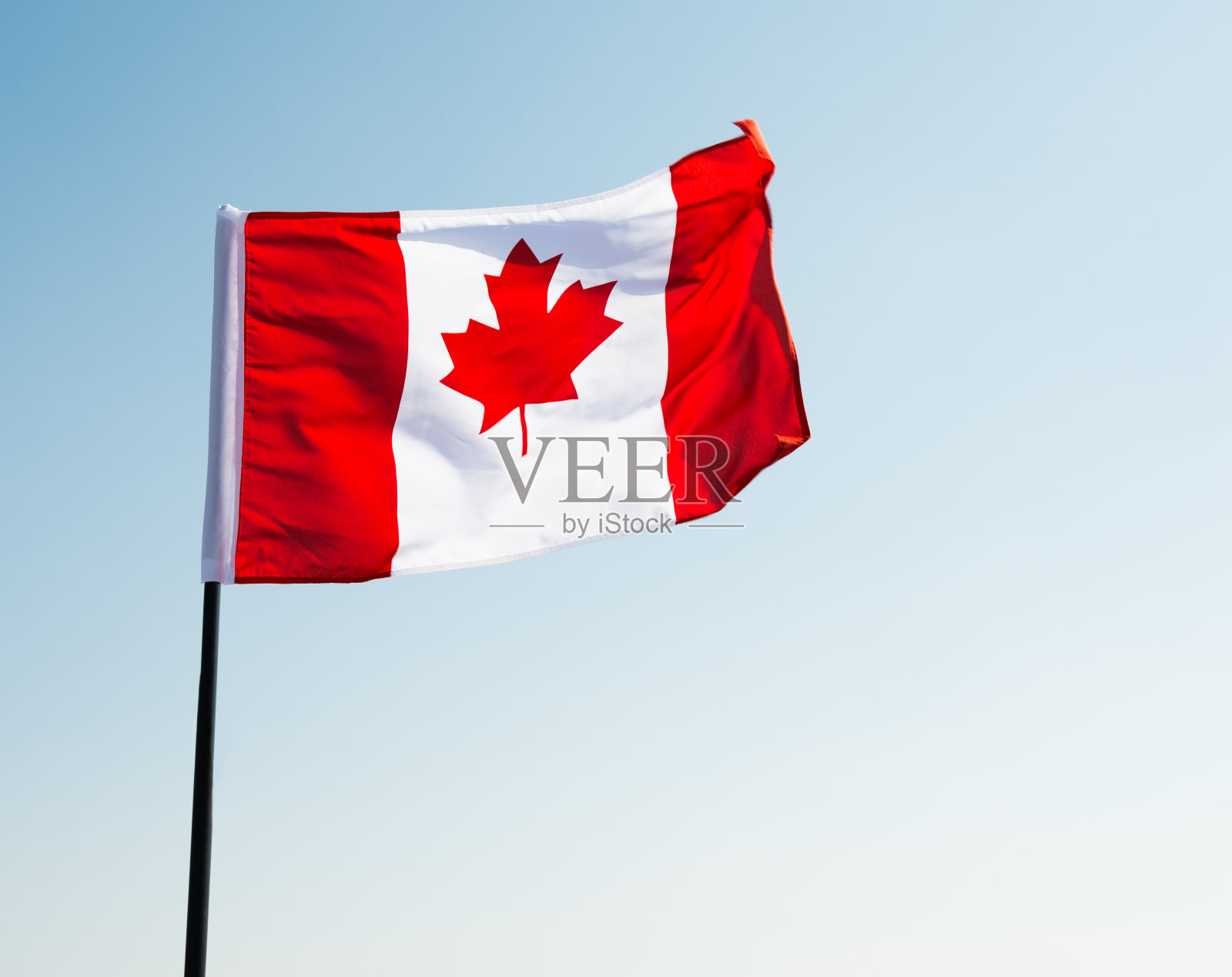 在晴朗的蓝天下飘扬的加拿大国旗照片摄影图片