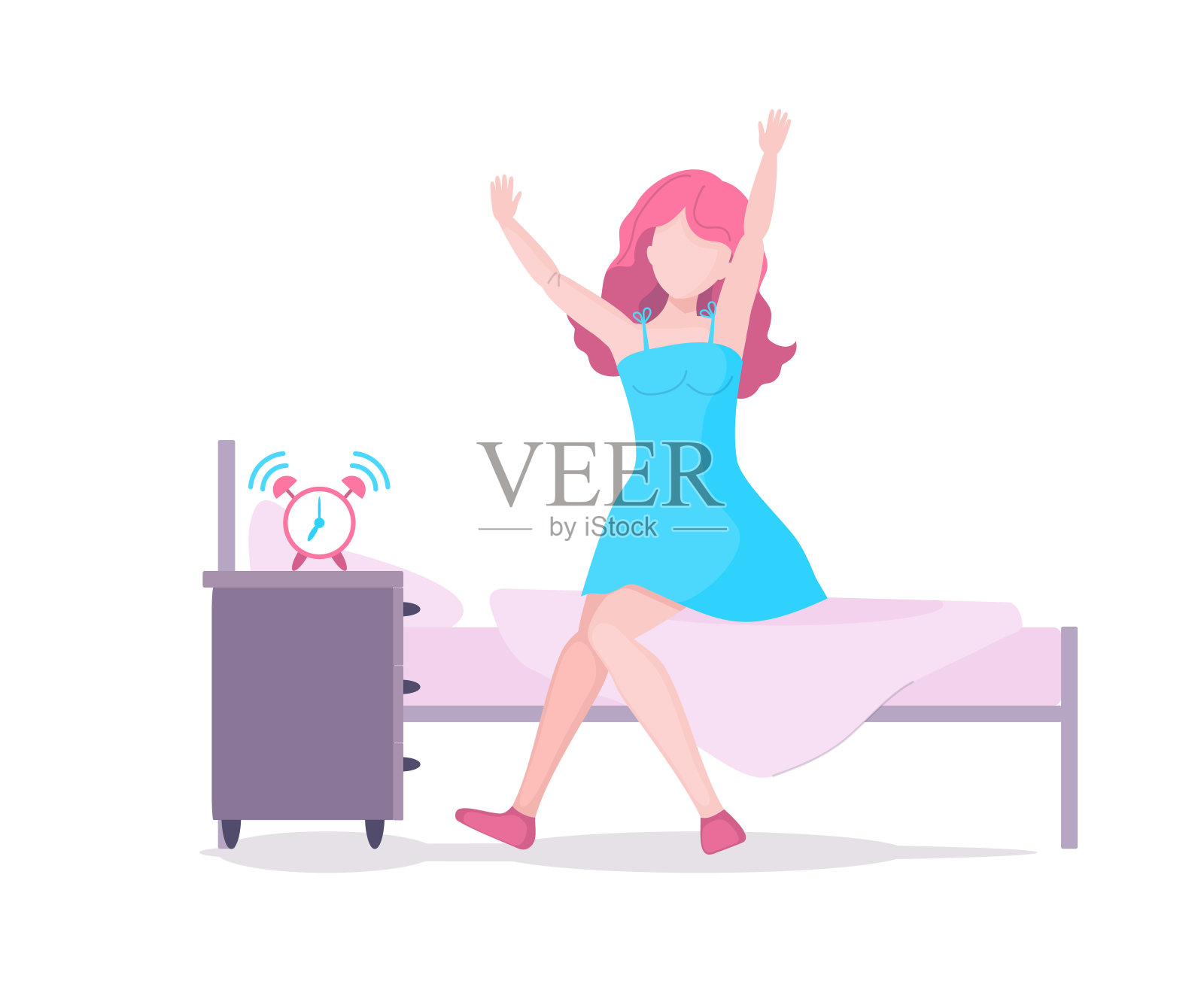 年轻女子的性格早上醒来，并伸展插画图片素材