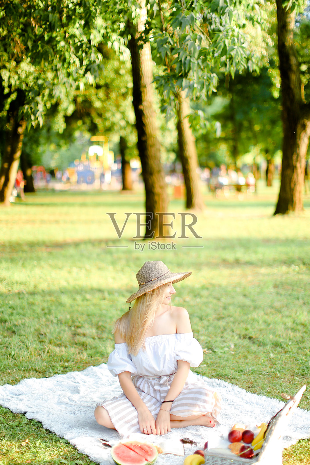 年轻的高加索妇女戴着帽子坐在公园里的格子水果附近，草地在背景照片摄影图片